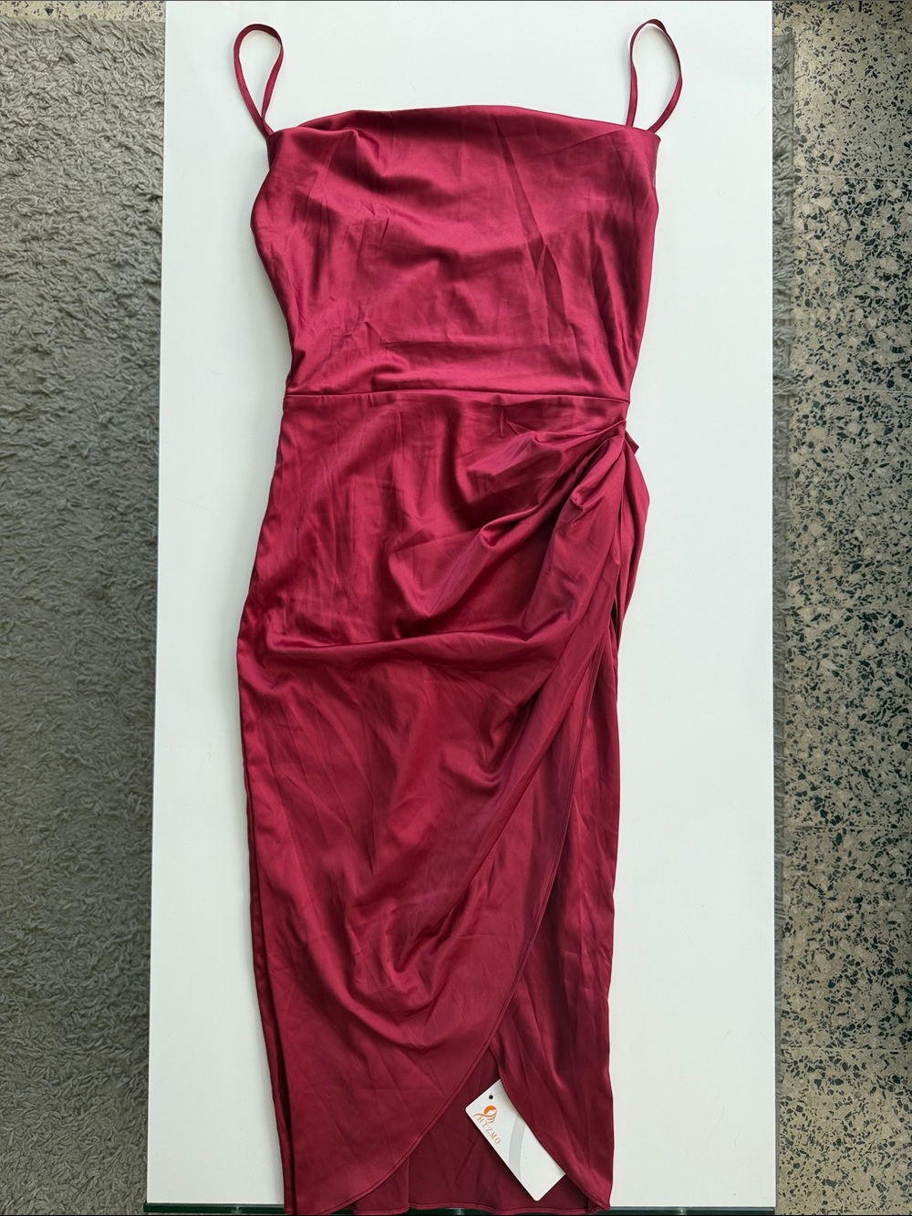 Satin Spaghetti-Strap Midi Dress in Berry Red